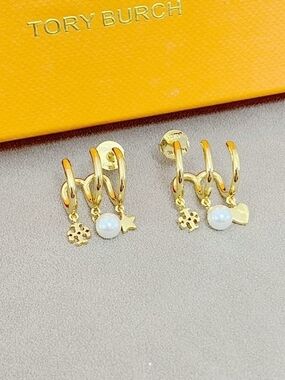 Tory Burch Gold Pearl Triple Charm Huggie Hoop Earrings